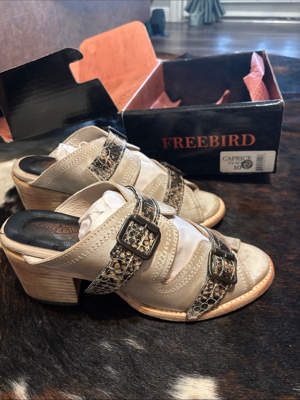 freebird beige leather buckle mule sandals with snake-print straps